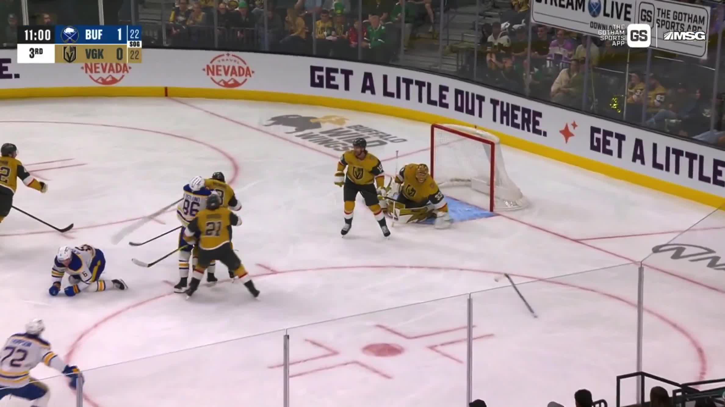 Zach Benson cuts to the middle and gets LEVELLED by Brayden McNabb and the Sabres take exception