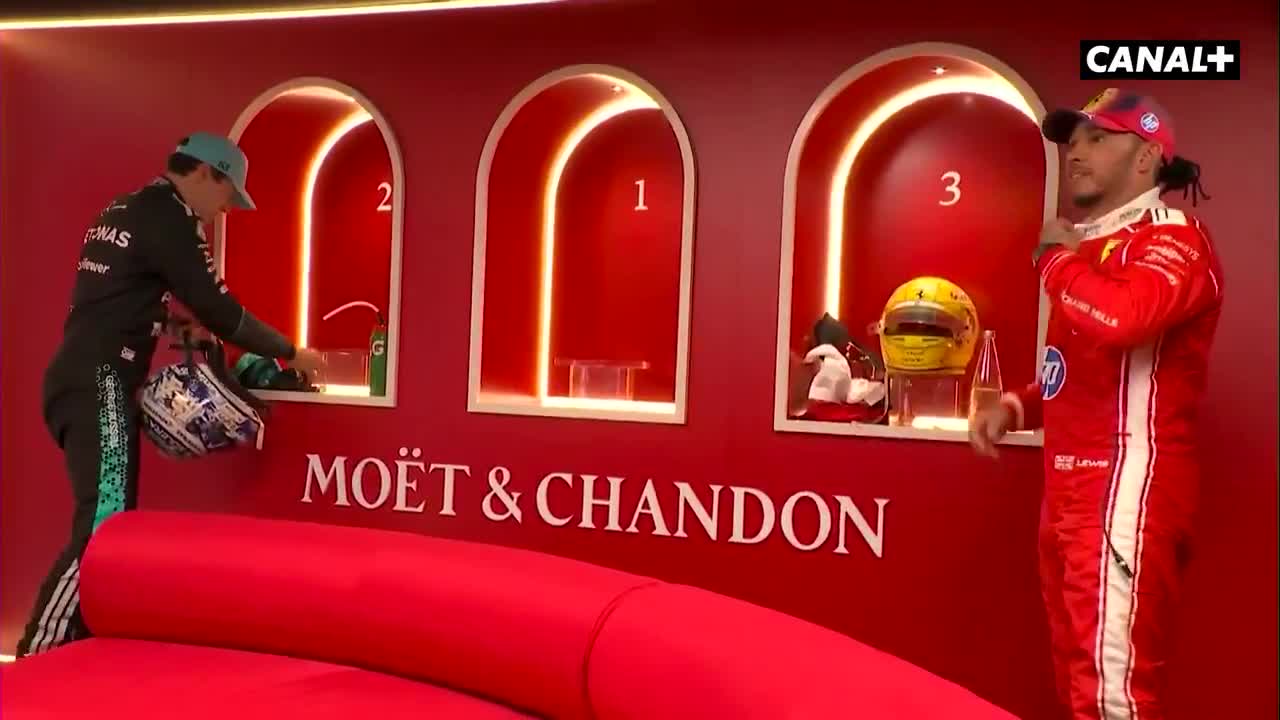 Lewis Hamilton, George Russell and Andrea Kimi Antonelli moments in the cool room in Shanghai