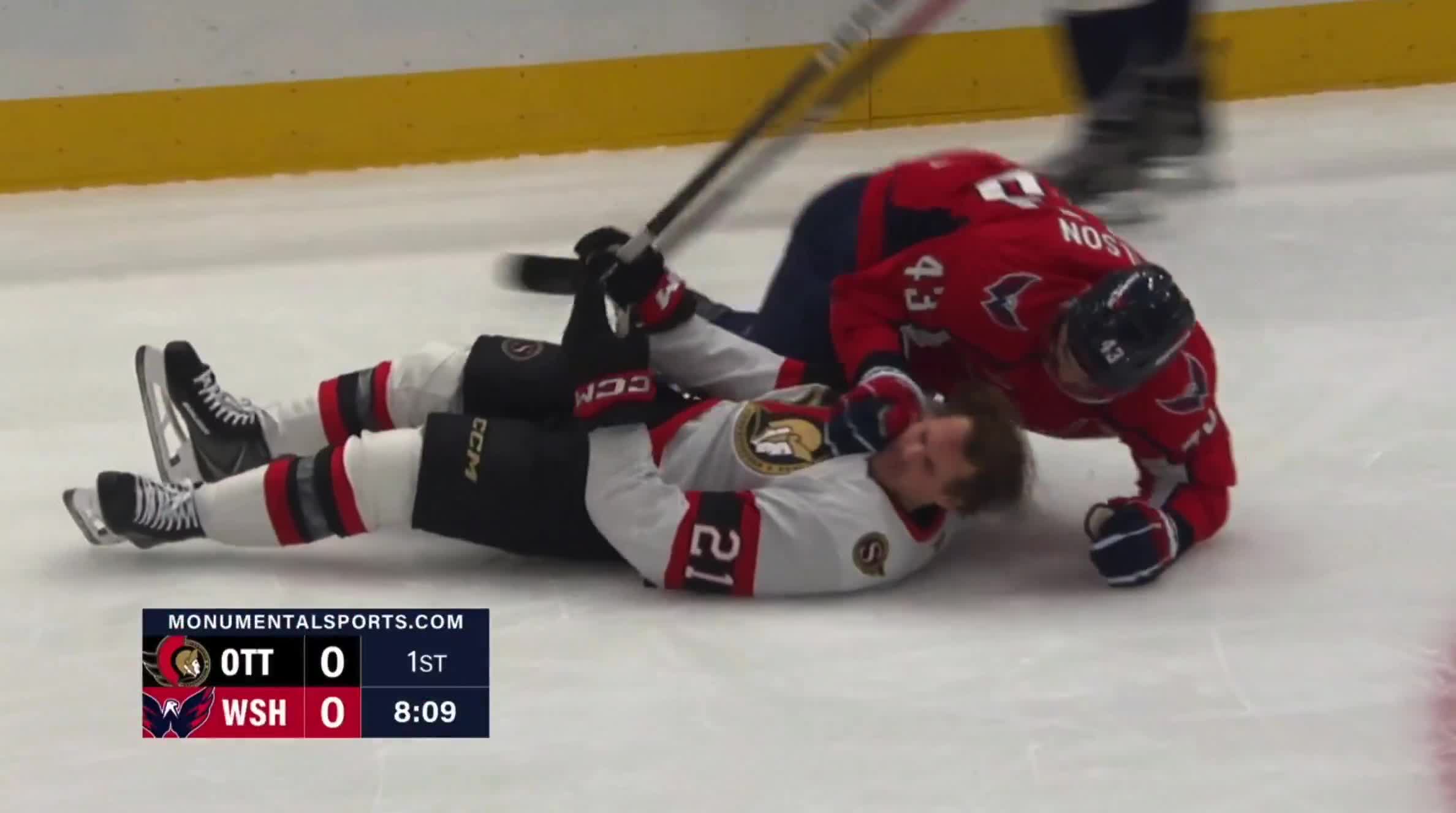 Tom Wilson with his best Randy Orton RKO impression after colliding with Nick Cousins