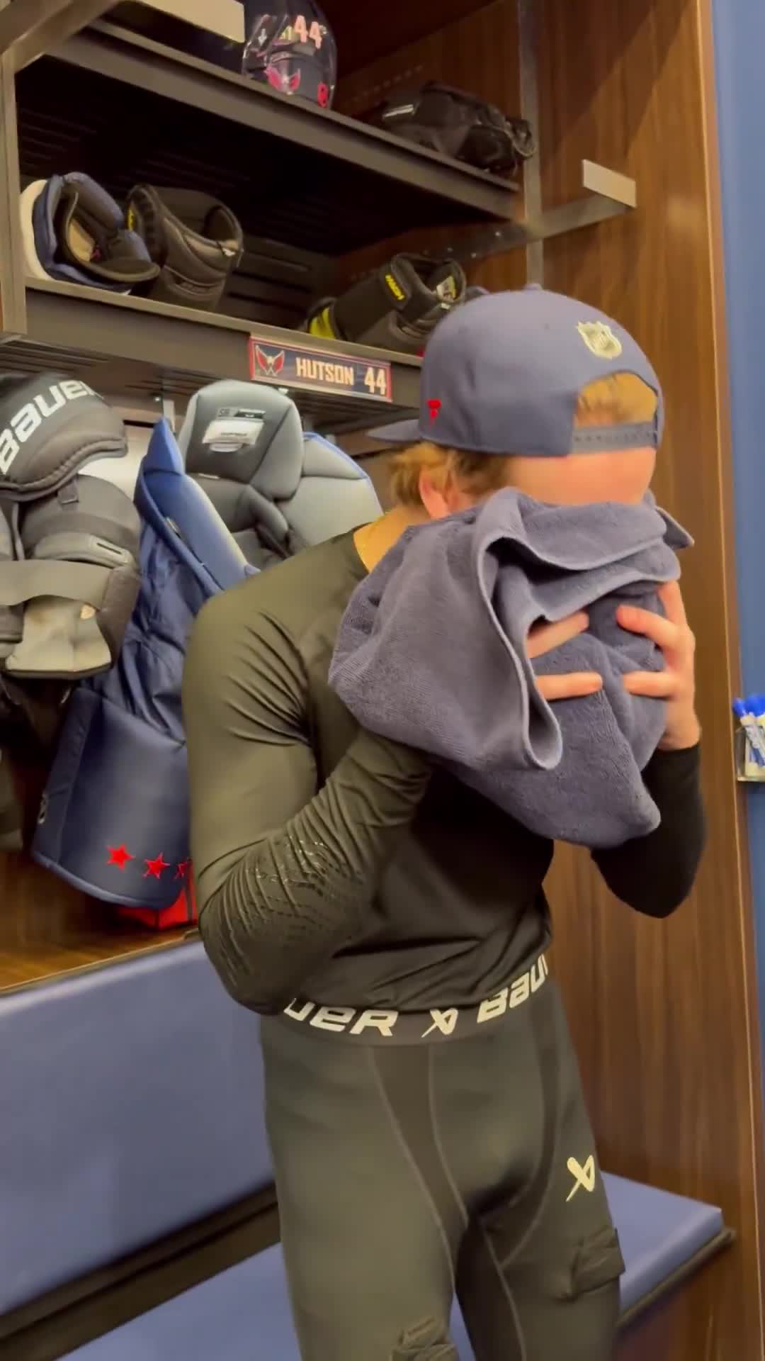 Tom Wilson hit Cole Hutson with the shaving cream pie after he scored his first NHL goal.