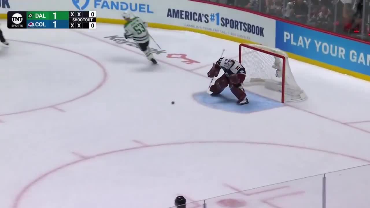Wyatt Johnston with the eventual shootout winner