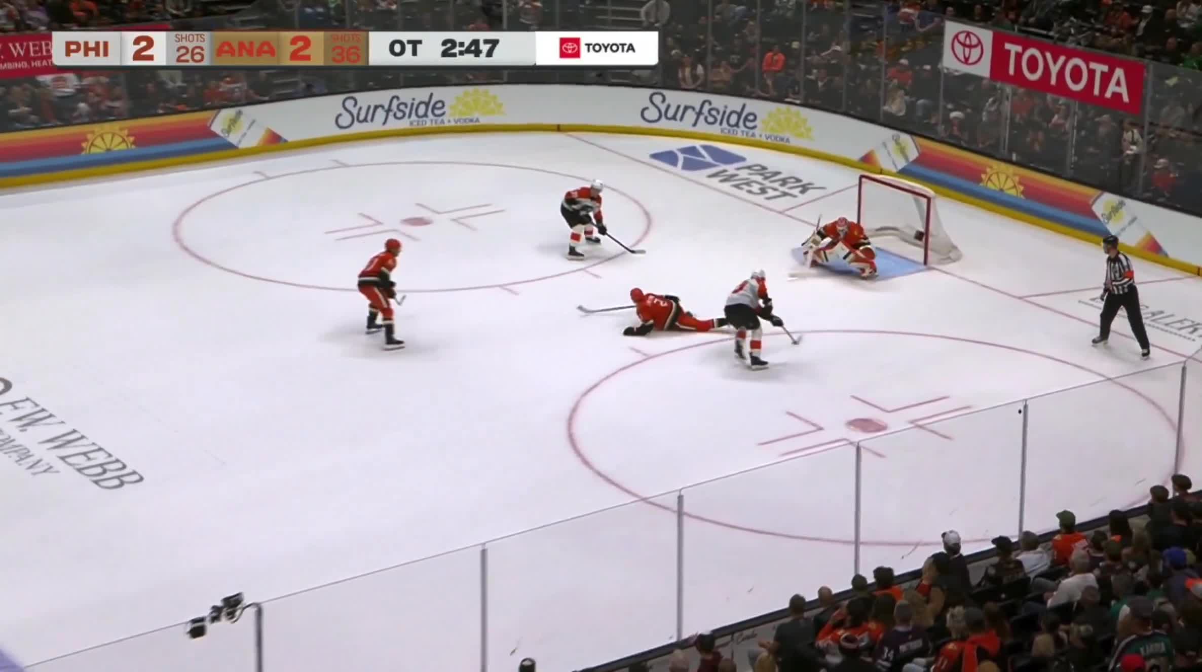 A bobble at the blue line, Michkov open net whiff, and Cates accidentally on purpose banks the puck in.