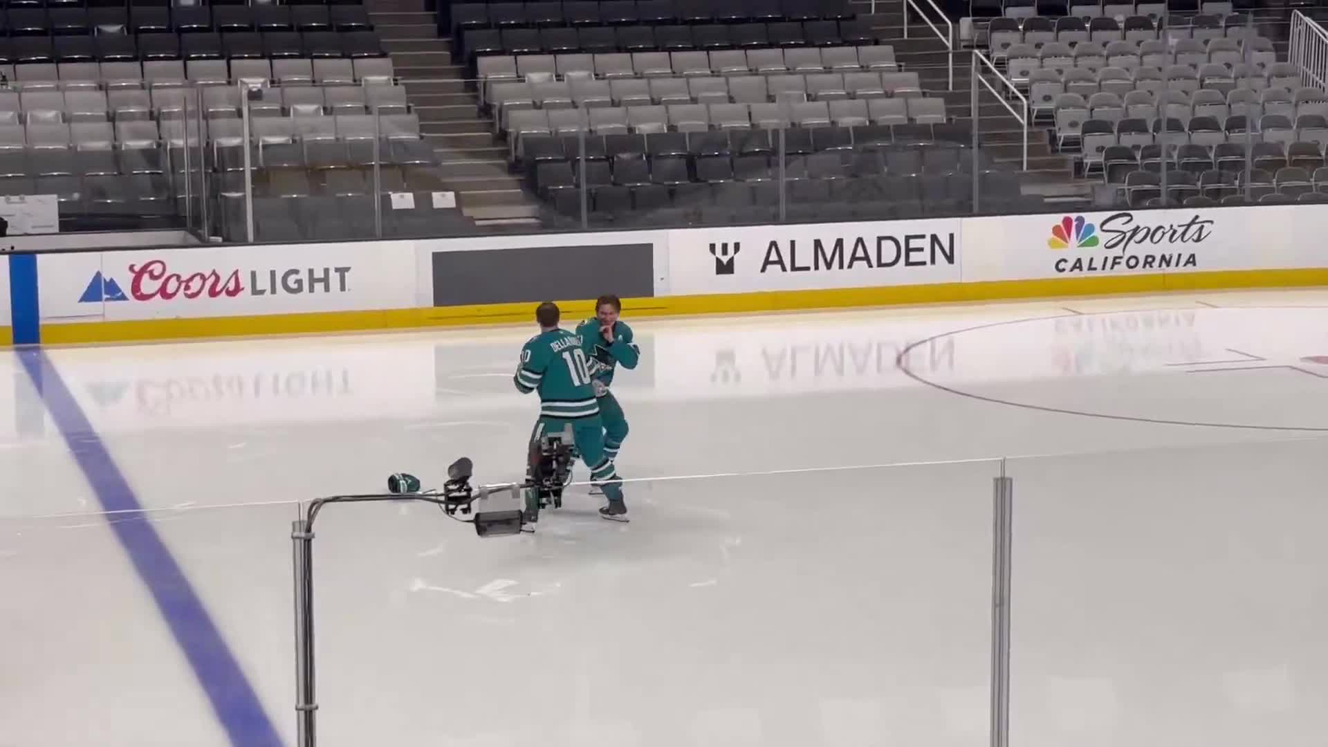Macklin Celebrini out here dropping the gloves during team photo day