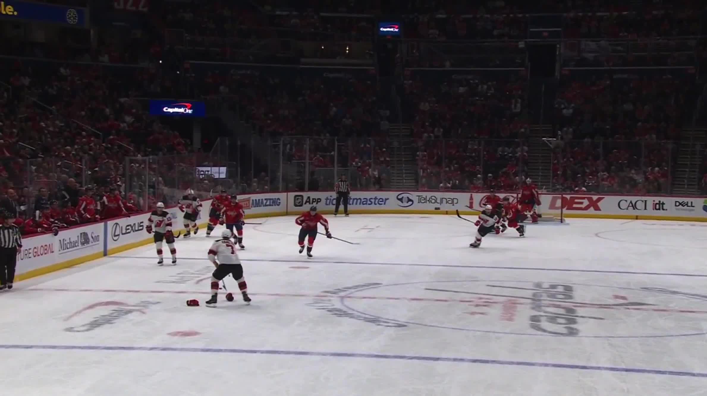 Dougie Hamilton hopped on the ice without his gloves on, and then had to drop them to play the puck