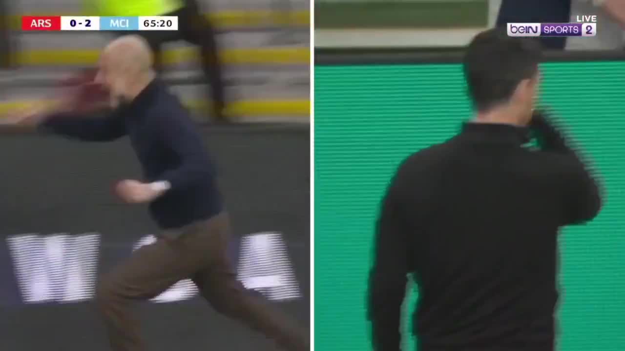 Mikel Arteta reacting to Manchester City’s second goal in the Carabao Cup final.
