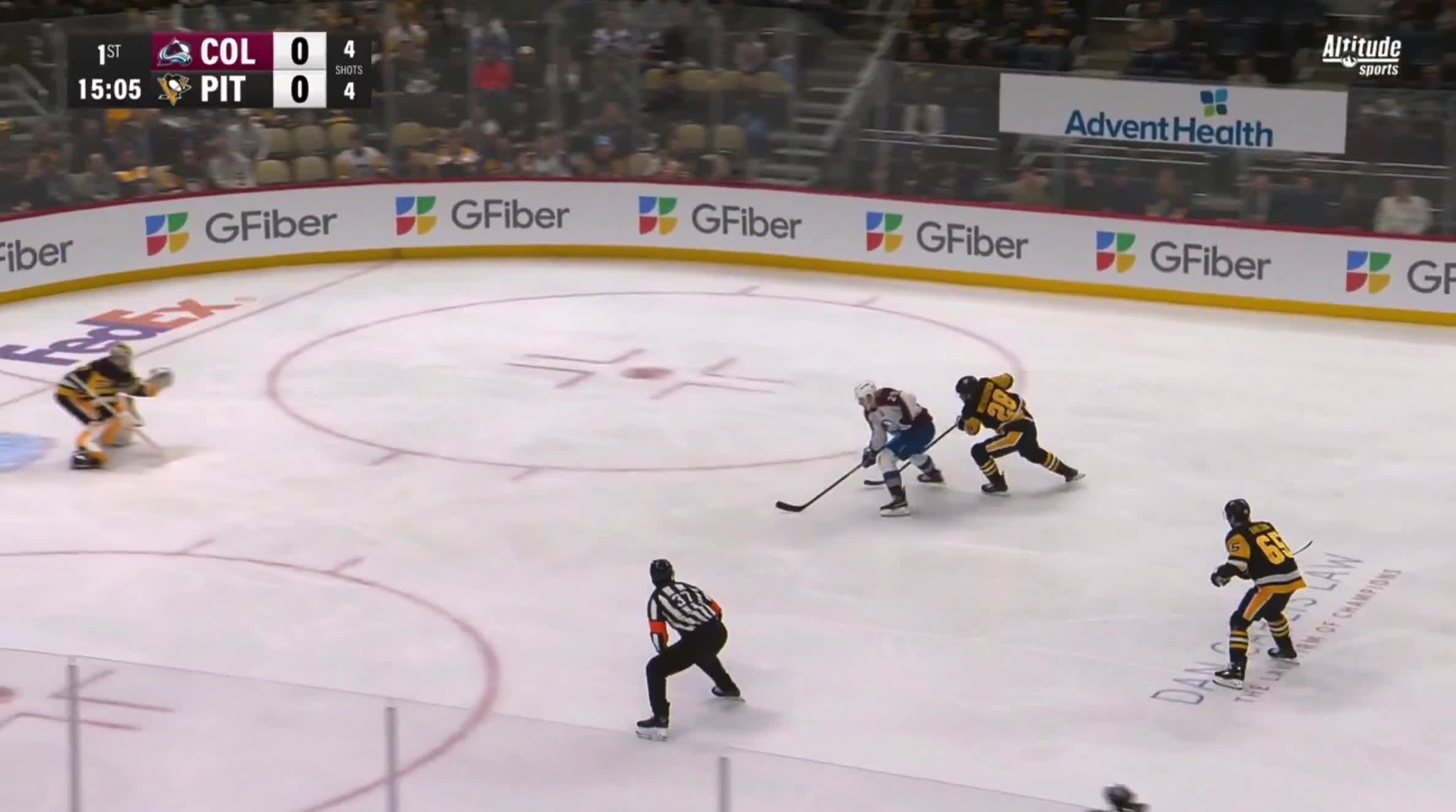 Nathan MacKinnon steals the puck, battles past Tyler Wotherspoon, and buries it on the breakaway.