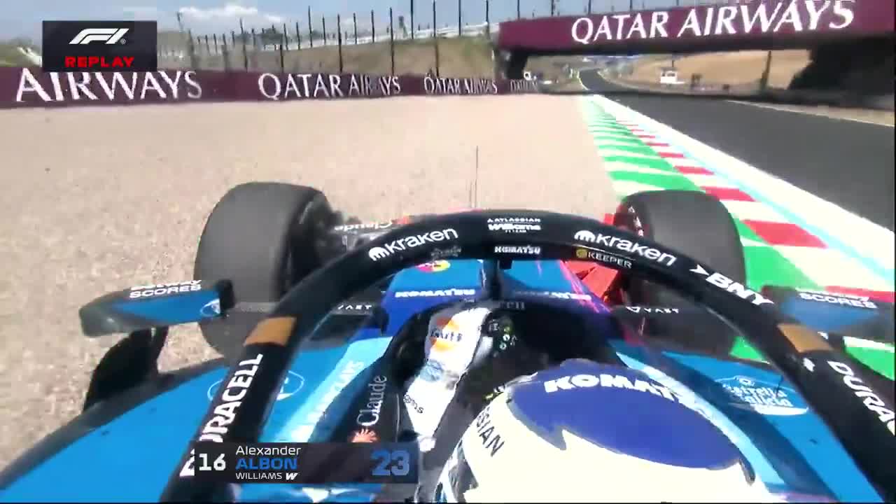 Rewind to Albon finding the gravel and tapping the barriers at Degner 2