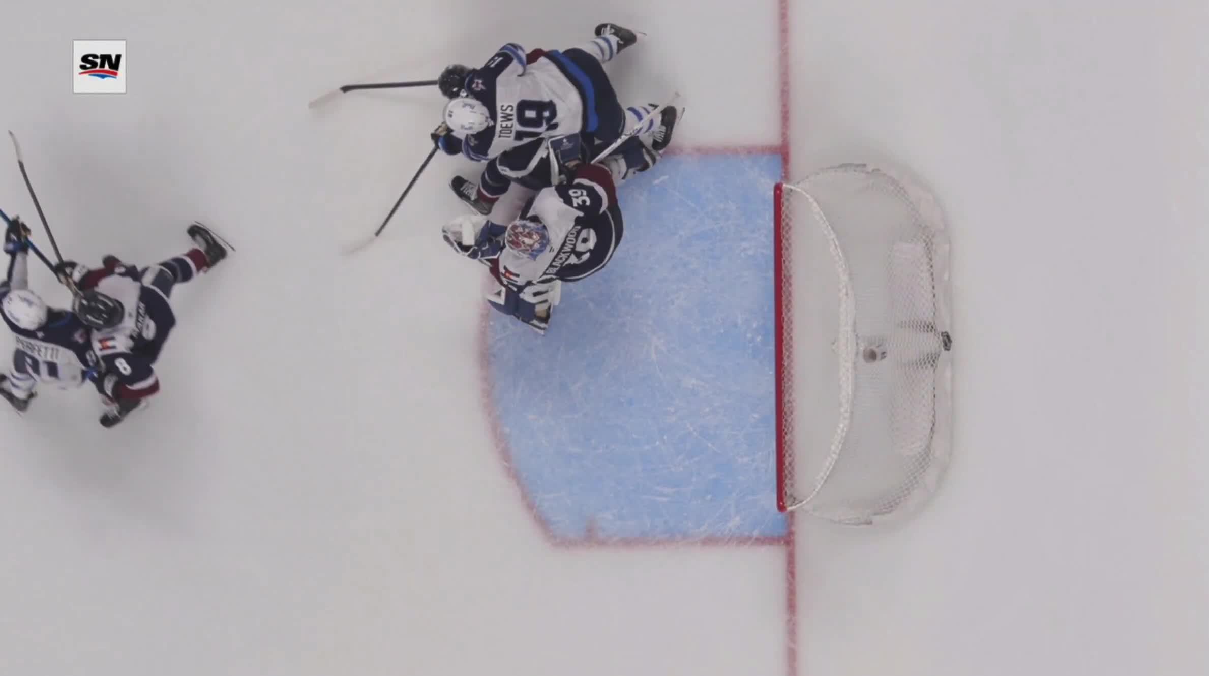 The Avs challenged the Jets' go-ahead tally for goalie interference but after a review it was ruled a good goal