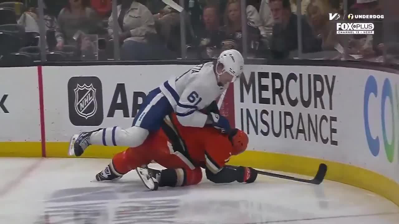 Michael Pezzetta immediately goes after Radko Gudas on the ice
