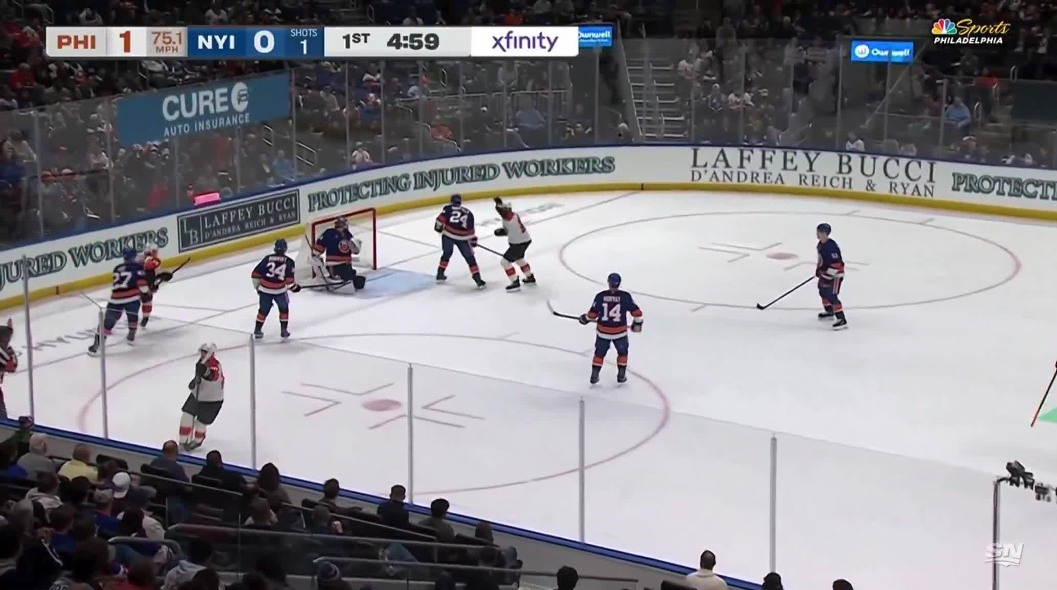 Alex Bump SNIPES IT and the Flyers have more GOALS (2) than the Islanders have SHOTS (1) currently