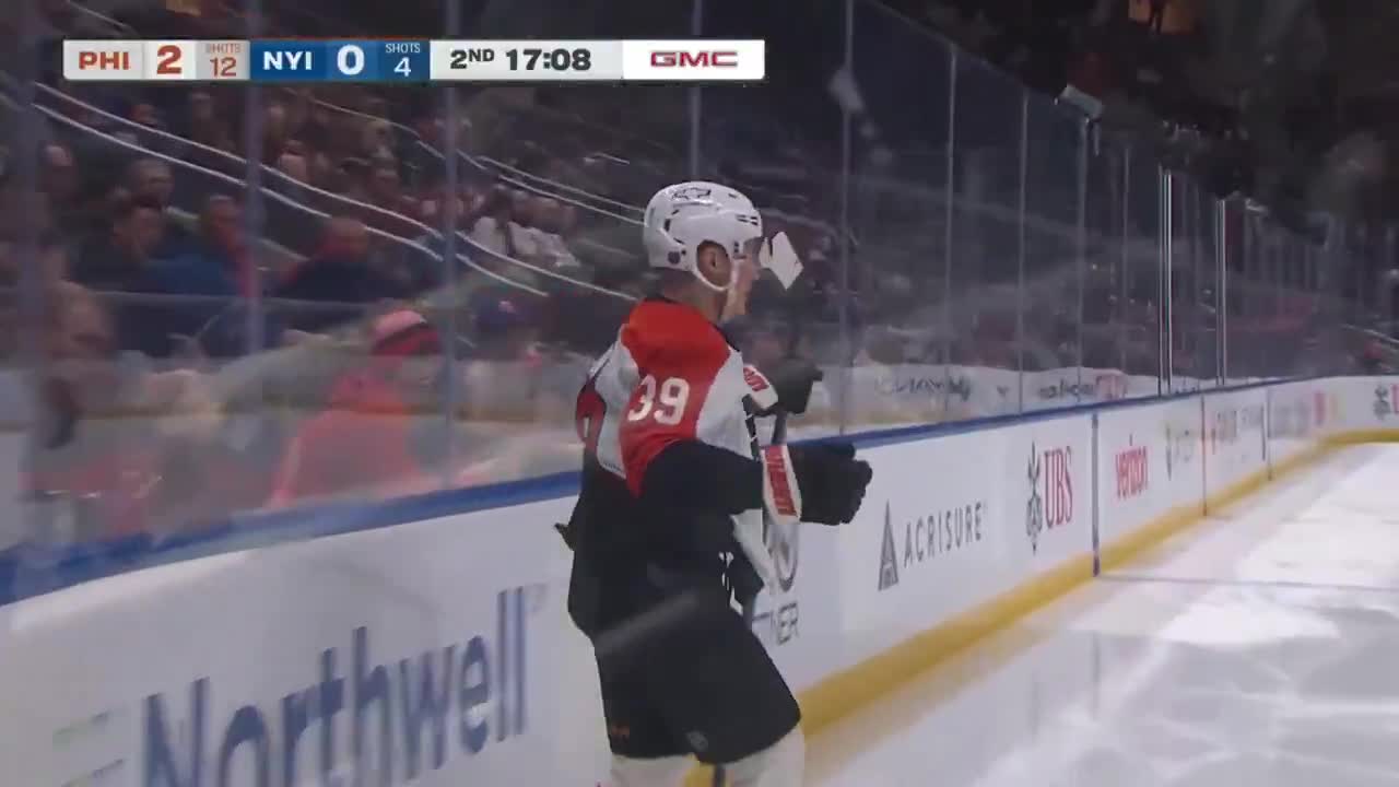 Matvie Michkov banks the puck in off the back of Sorokin