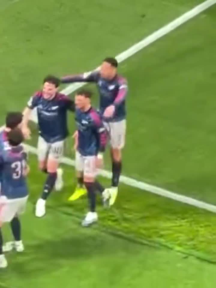The Arsenal players celebrating Kai Havertz’s huge winner in Lisbon.