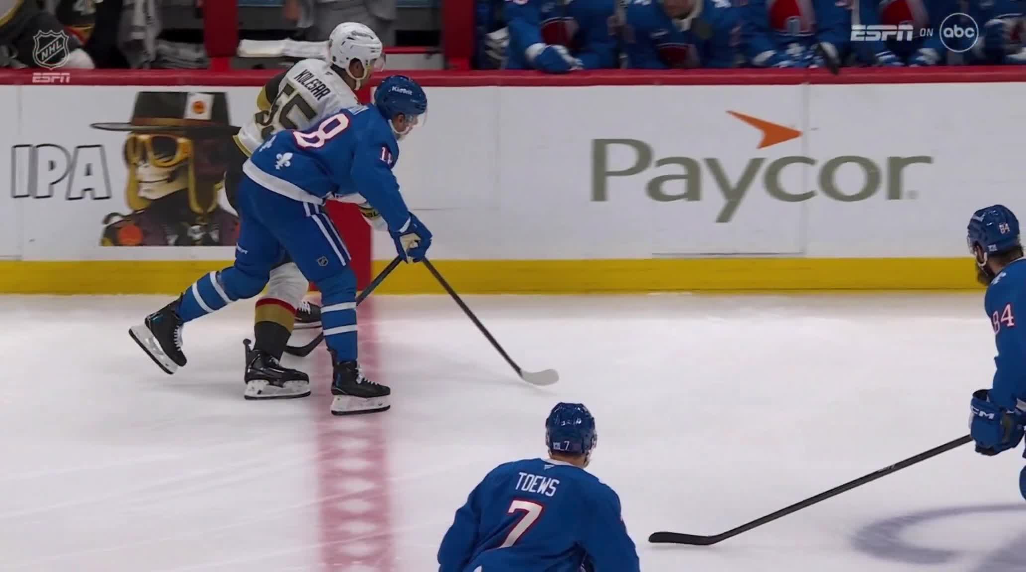 Avs head coach Jared Bednar took an attempted dump-in from Keegan Kolesar to the side of the head and has left the bench