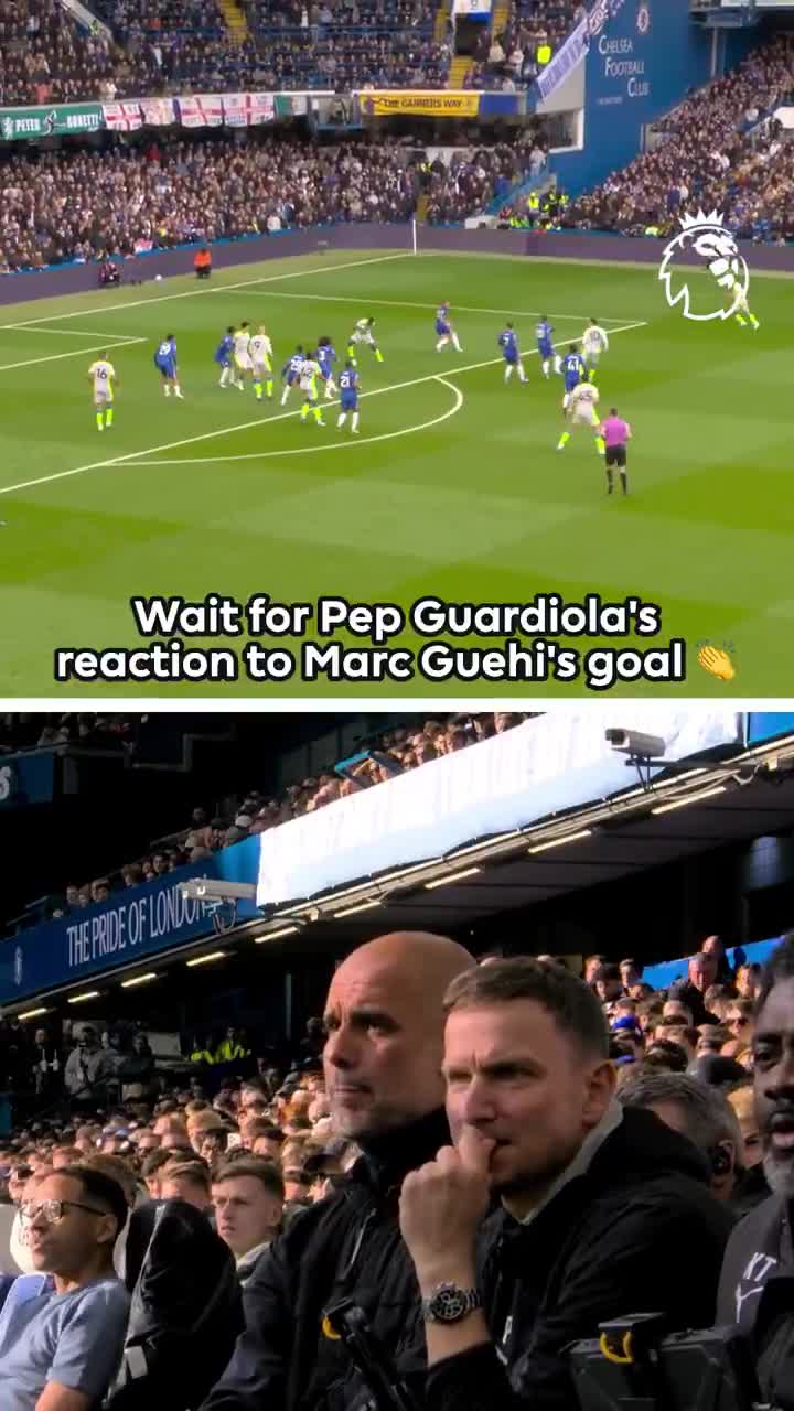 Marc Guehi scored his first Premier League goal since joining Manchester City, with the bench reacting.