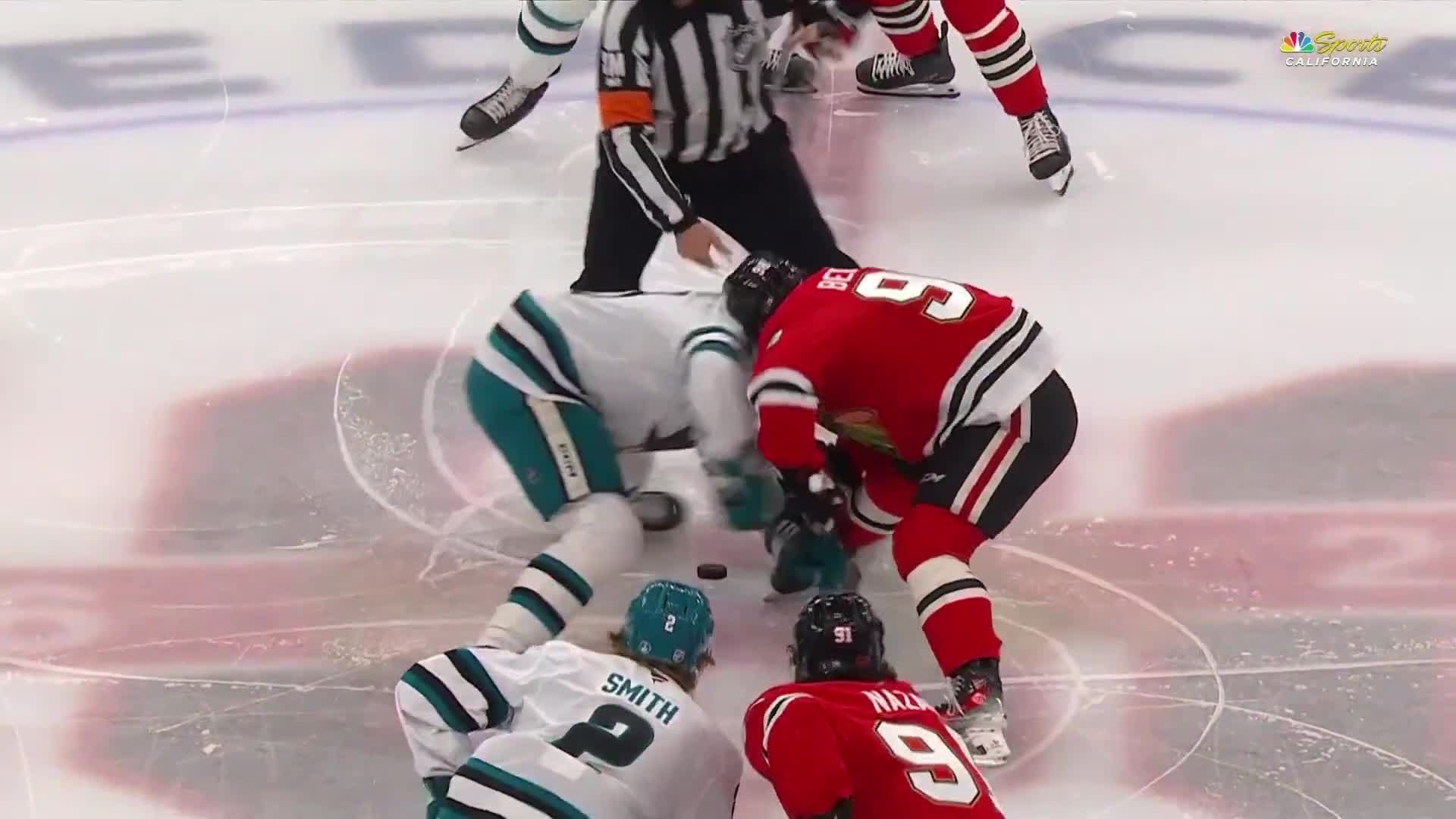 Macklin Celebrini bodied Connor Bedard on the opening faceoff.