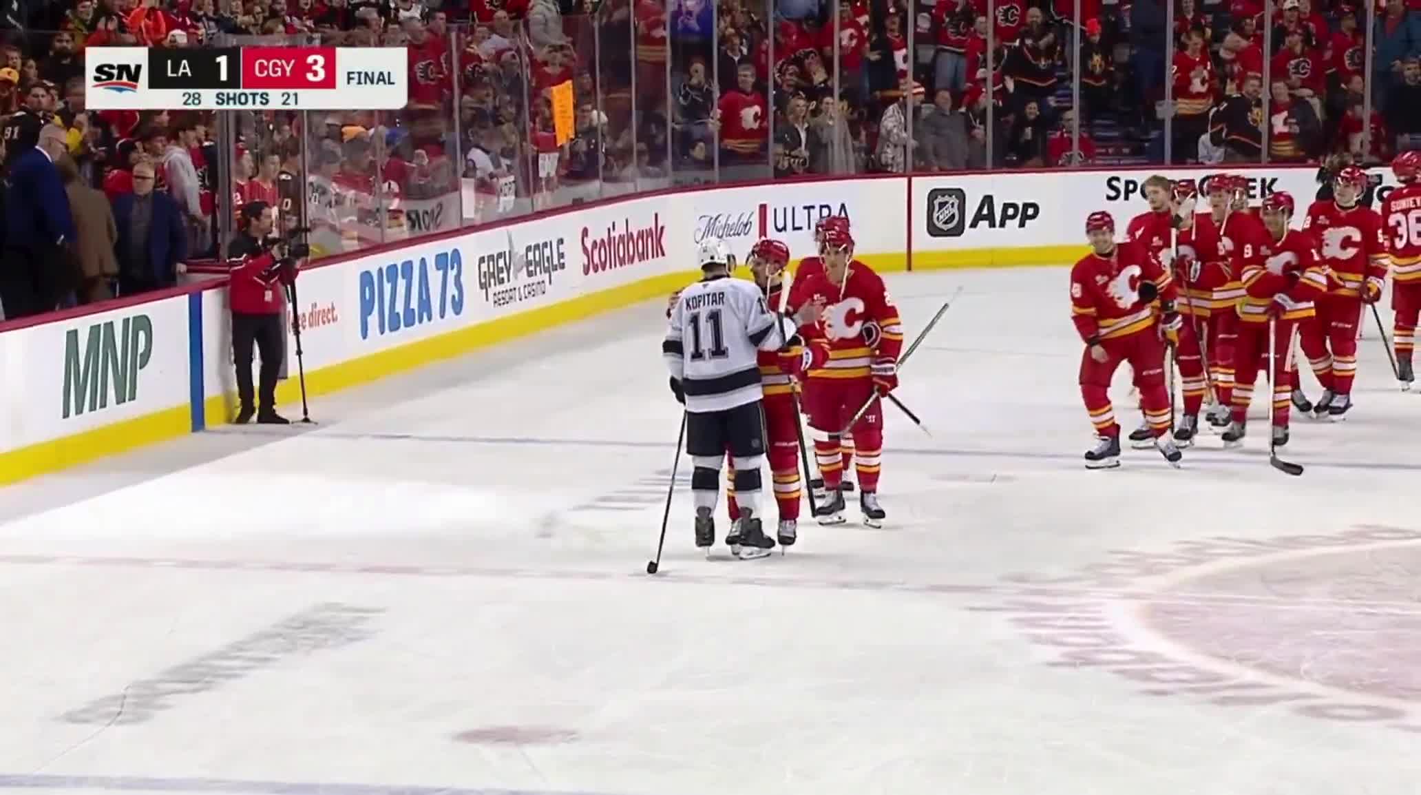 Final regular season game of Anze Kopitar's career comes to an end, and the Flames lined up to congratulate him