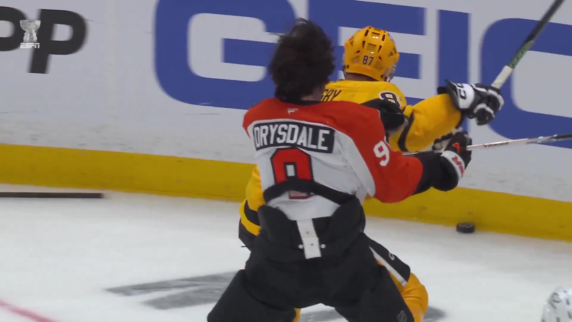 Crosby got a penalty for ripping off Drysdale’s helmet