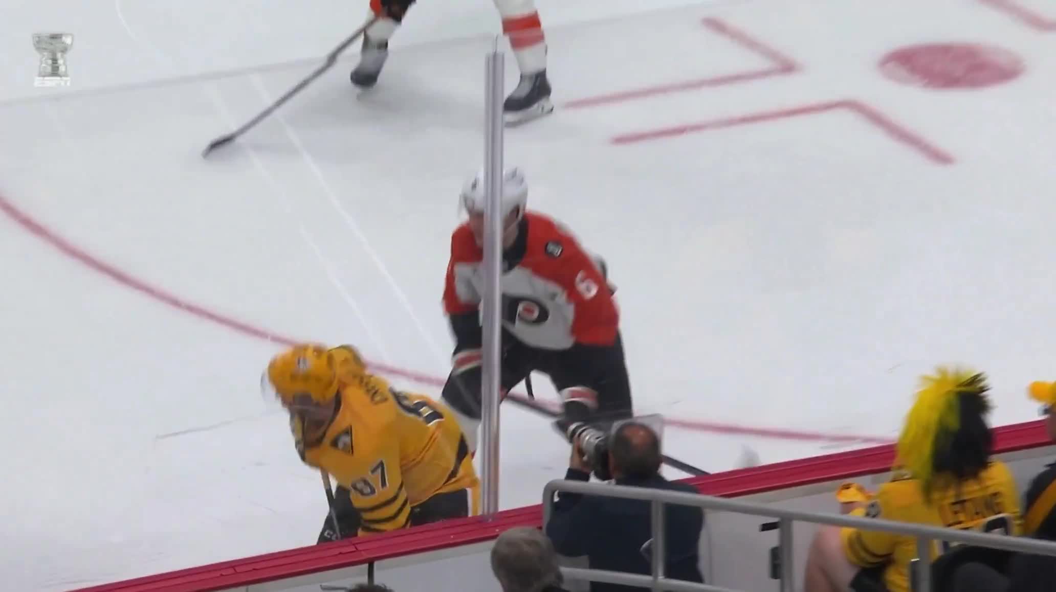 Crosby was going AT IT with Sanheim along the boards