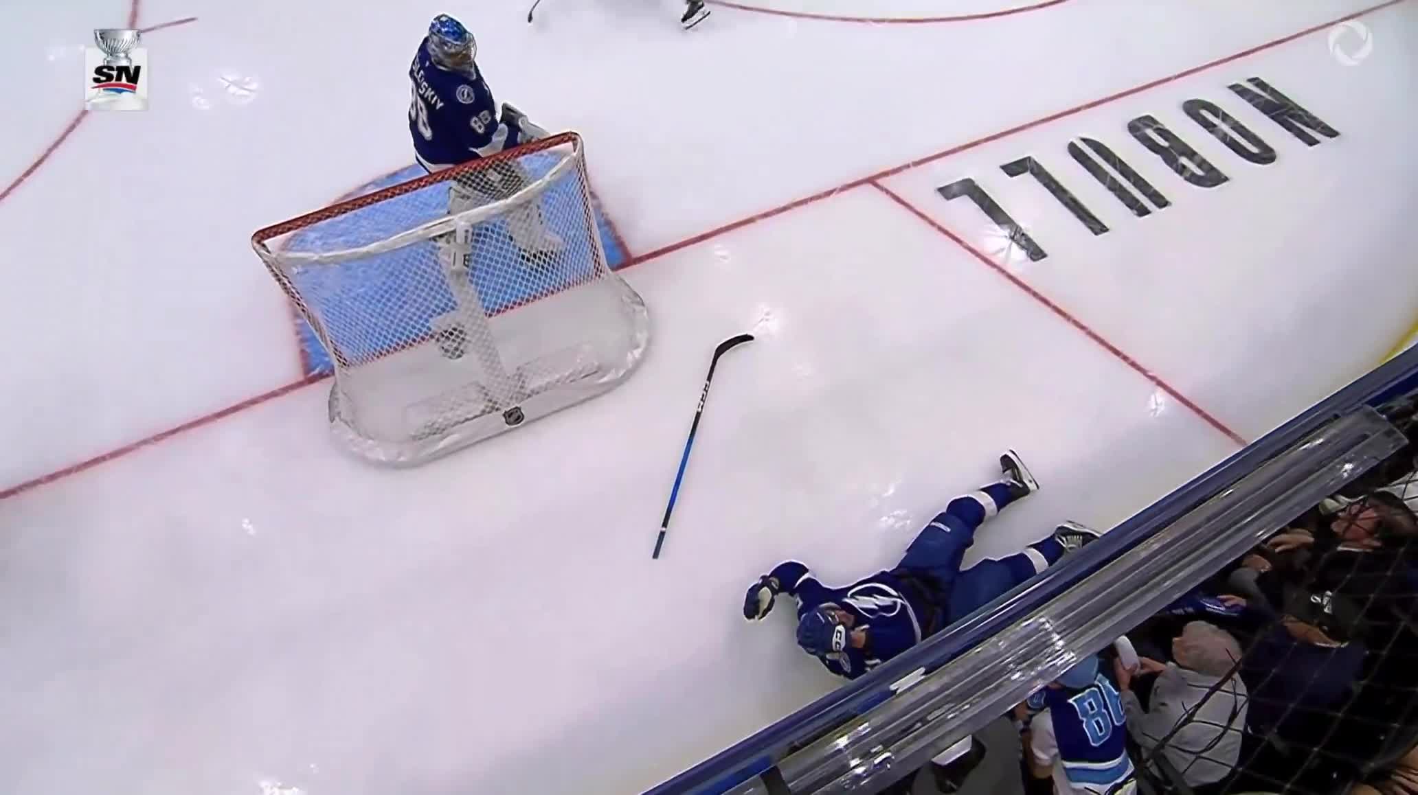 Charle-Edouard D'Astous needed help getting off the ice after this hit from Josh Anderson