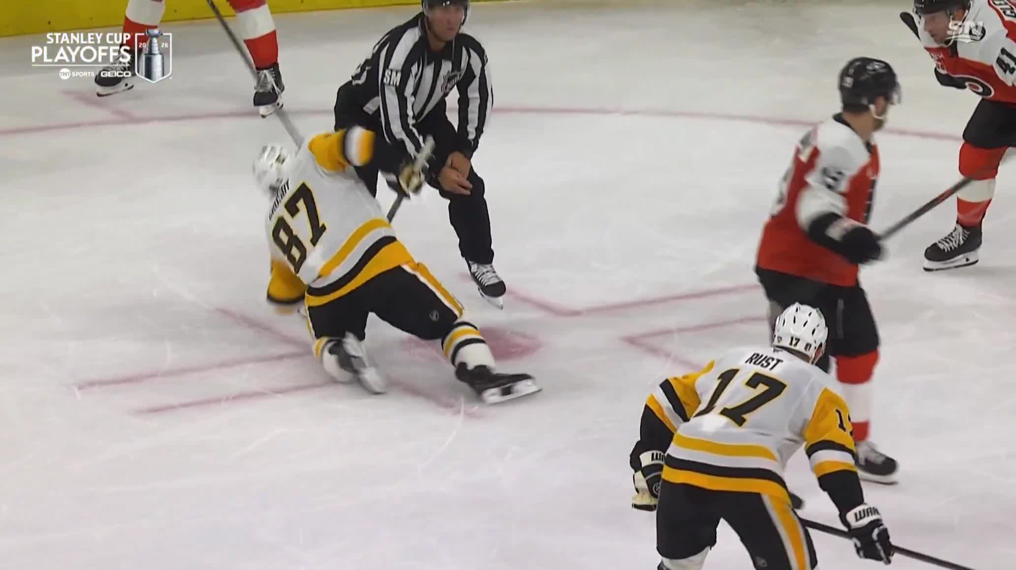 Garnet Hathaway goes off for 2 minutes after clipping Sidney Crosby with a high stick before the faceoff draw..