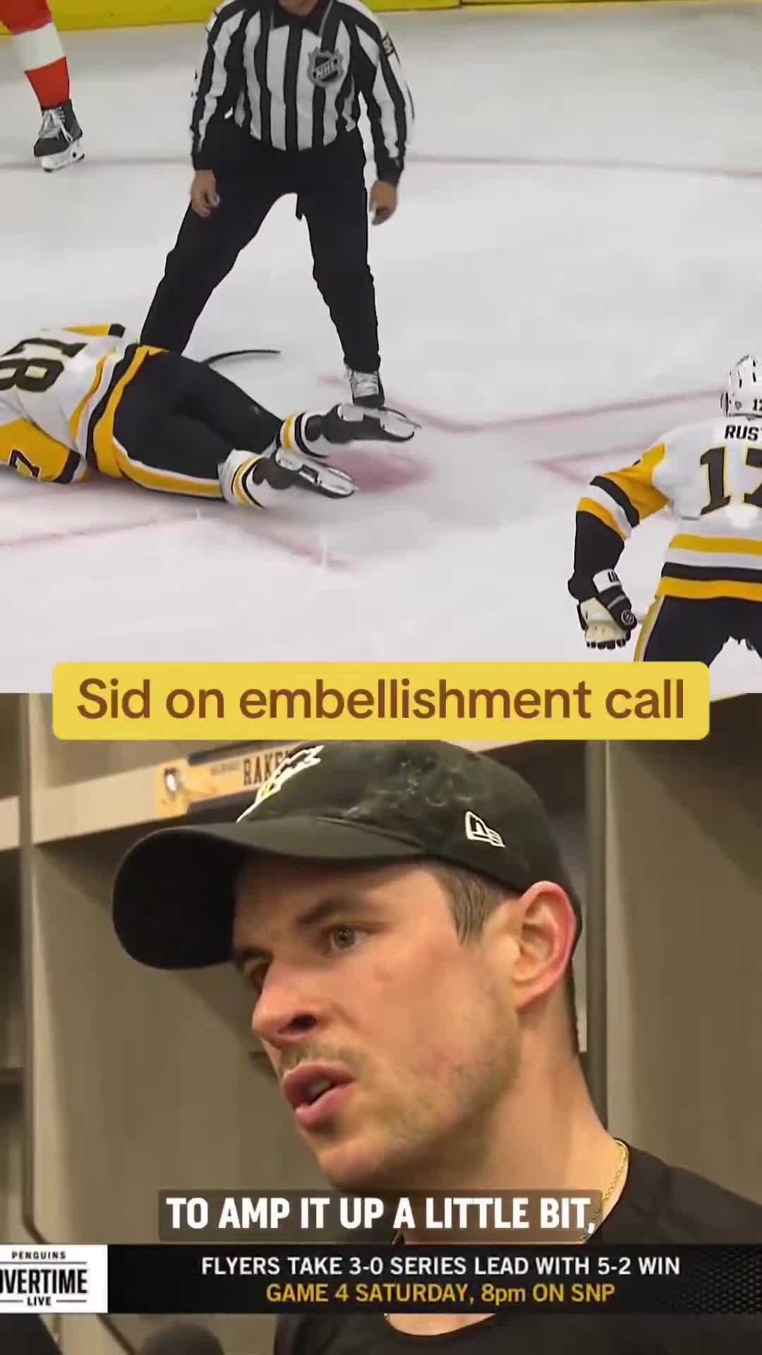 Sidney Crosby speaks on his embellishment call and Bryan Rust's roughing penalty in the Penguins' Game 3 loss to the Flyers.