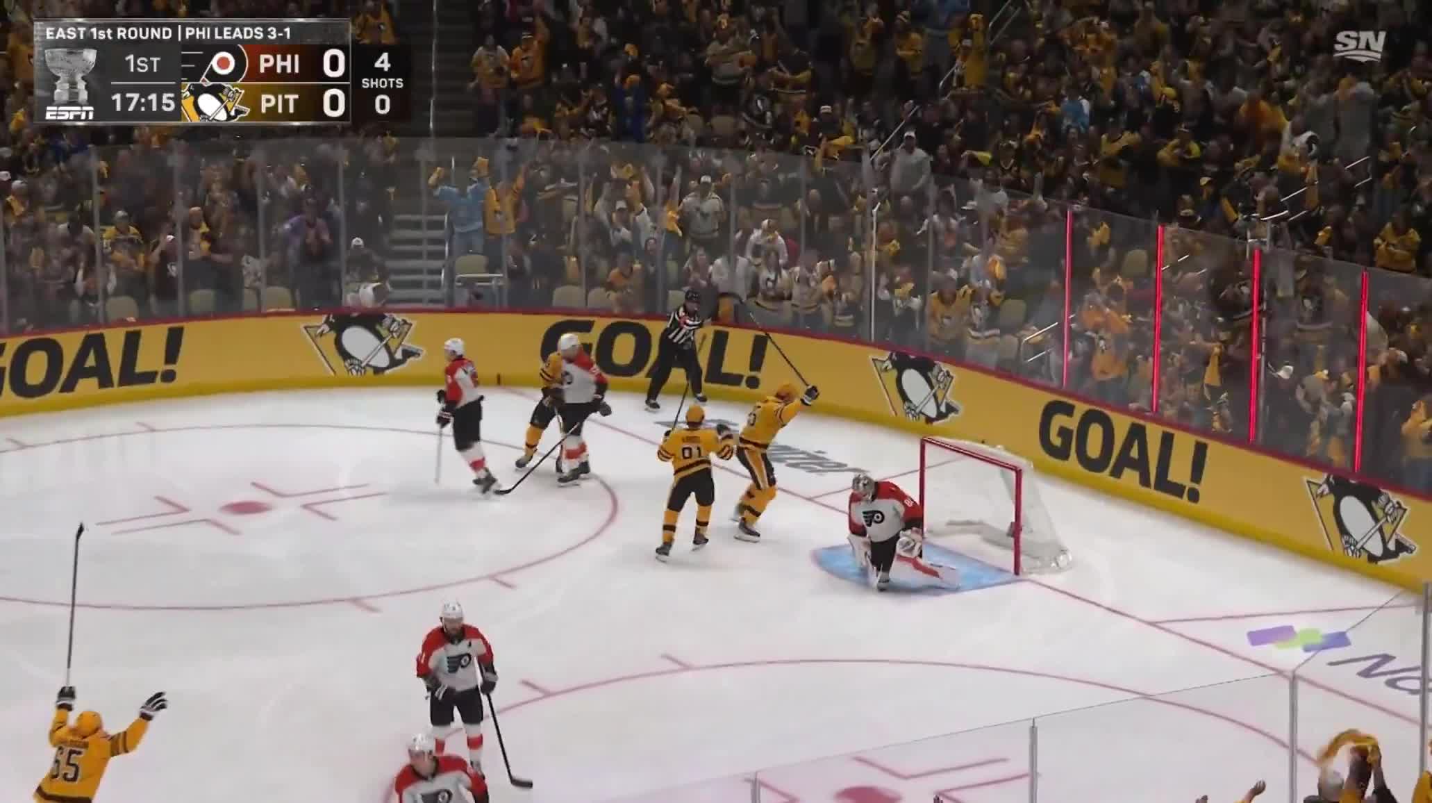 ELMER SODERBLOM SCORES ON THE PENS' 1ST SHOT OF THE GAME