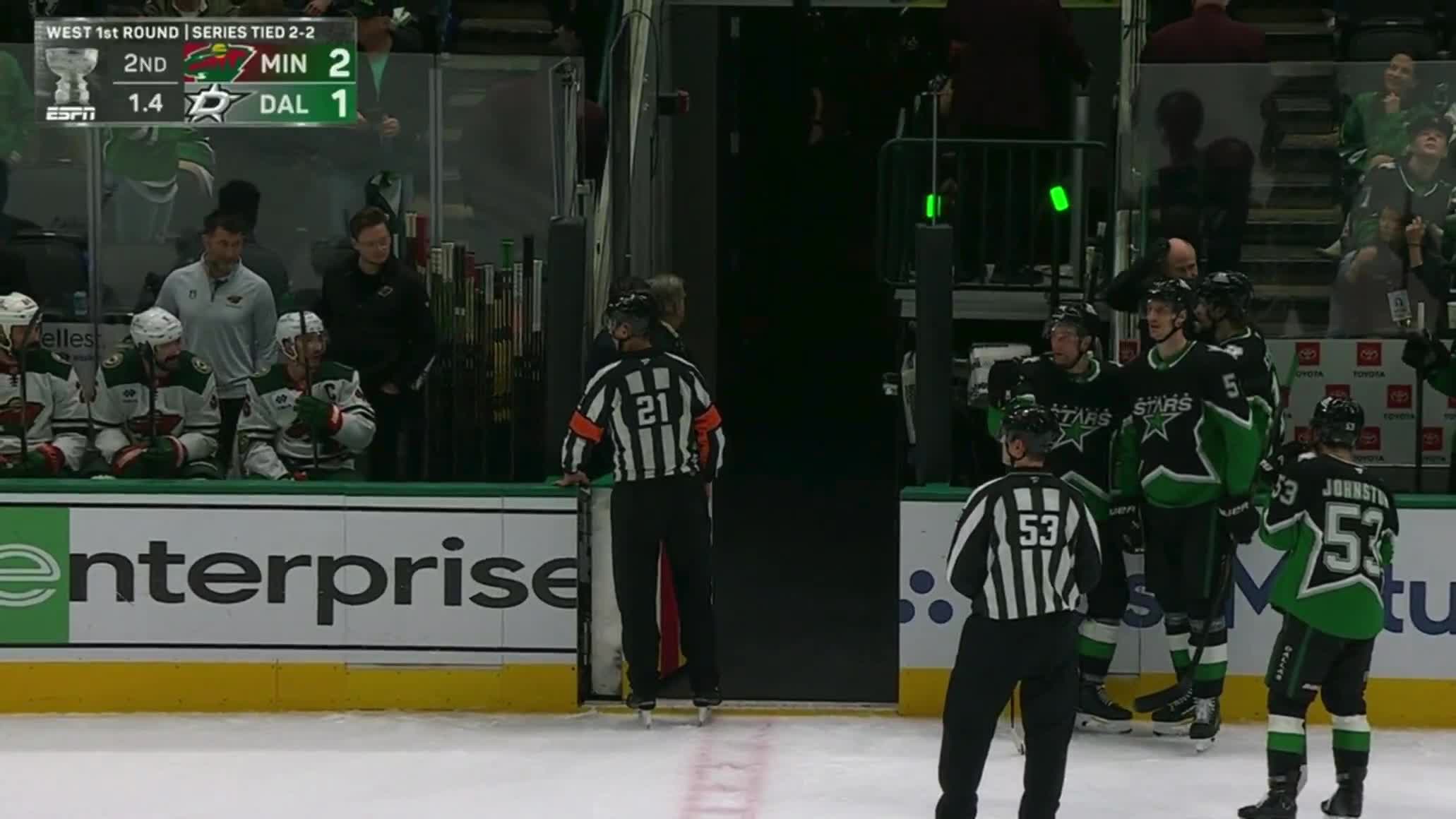 he officials added 1.4 seconds to the clock at the end of the 2nd period, but half the Stars bench, including their head coach, already went down the tunnel...