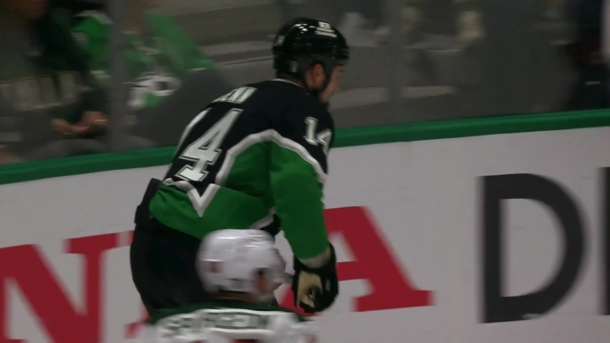 Jamie Benn took a shot up high from Ryan Hartman, so then he returned the favour, cross-checking Hartman up high