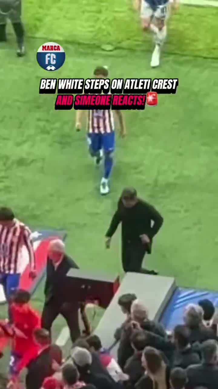 Diego Simeone reacts after Ben White walks all over the Atleti crest
