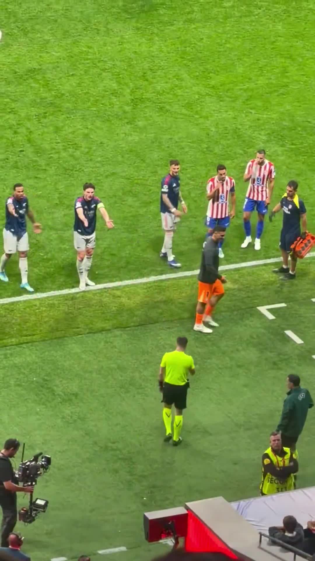 Diego Simeone shouting at the referee outside his technical area as the ref watched the replay of the penalty call back