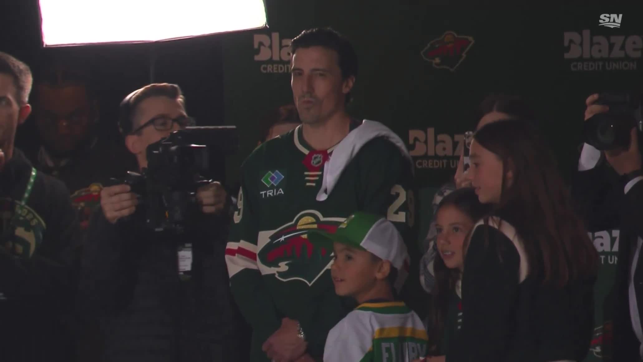 Marc-André Fleury hypes up the crowd in St. Paul, getting them ready for some hockey