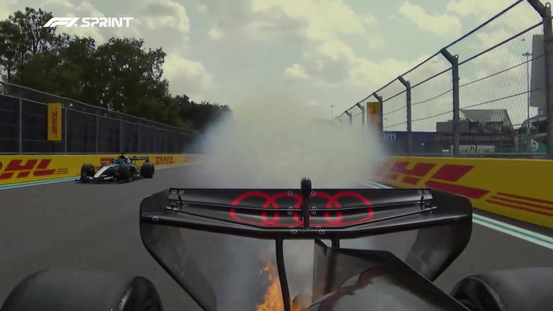 Nico Hulkenberg's Audi has come to a fiery halt at Turn 17 on the way to the Sprint grid