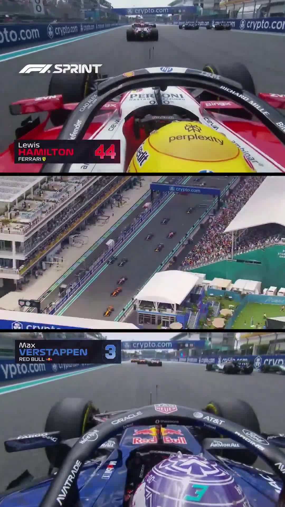 Contact between Lewis Hamilton and Max Verstappen at the start of the Miami Sprint, as the duo went side-by-side