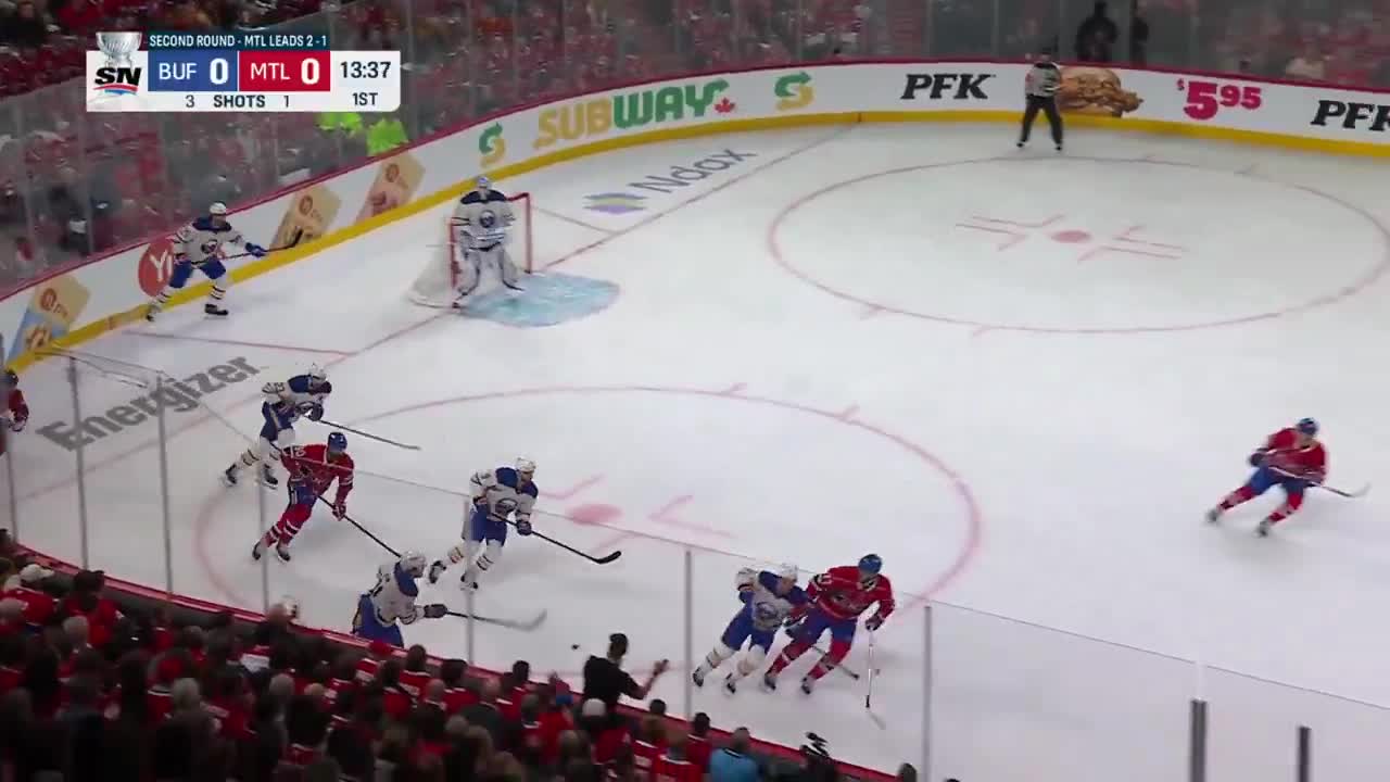 Samuelsson with the block on one end and the goal on the other, 1-0 Sabres early