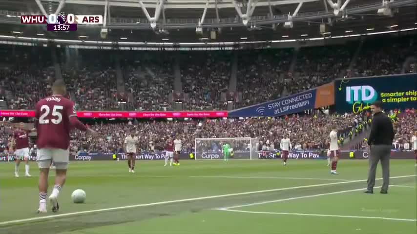 West Ham defender purposefully throwing a ball at Mikel Arteta with no recourse