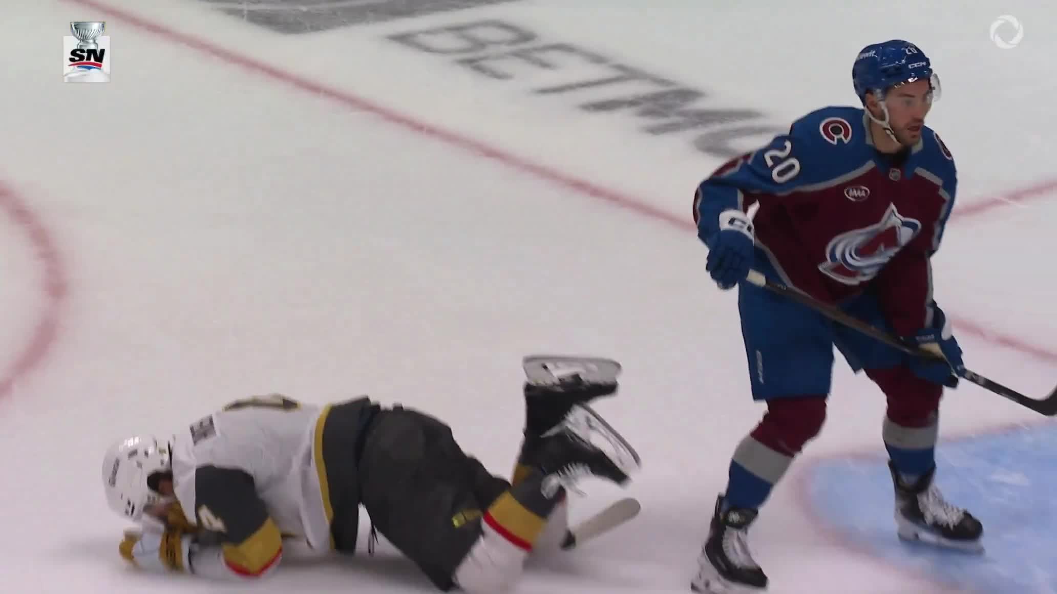 Ross Colton gives Rasmus Andersson a shove in the face and he goes off for roughing