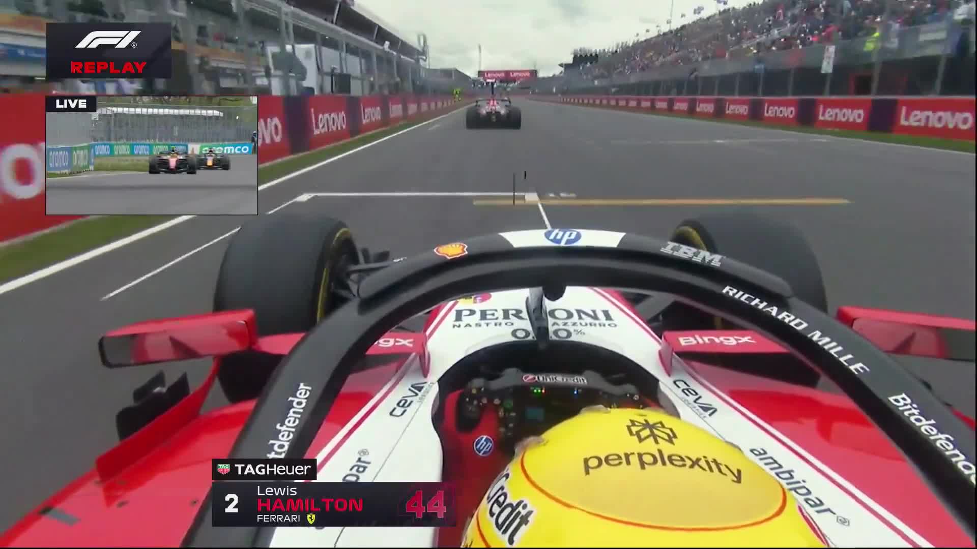 Lewis Hamilton overtakes Max Verstappen around the outside for P2 on the podium