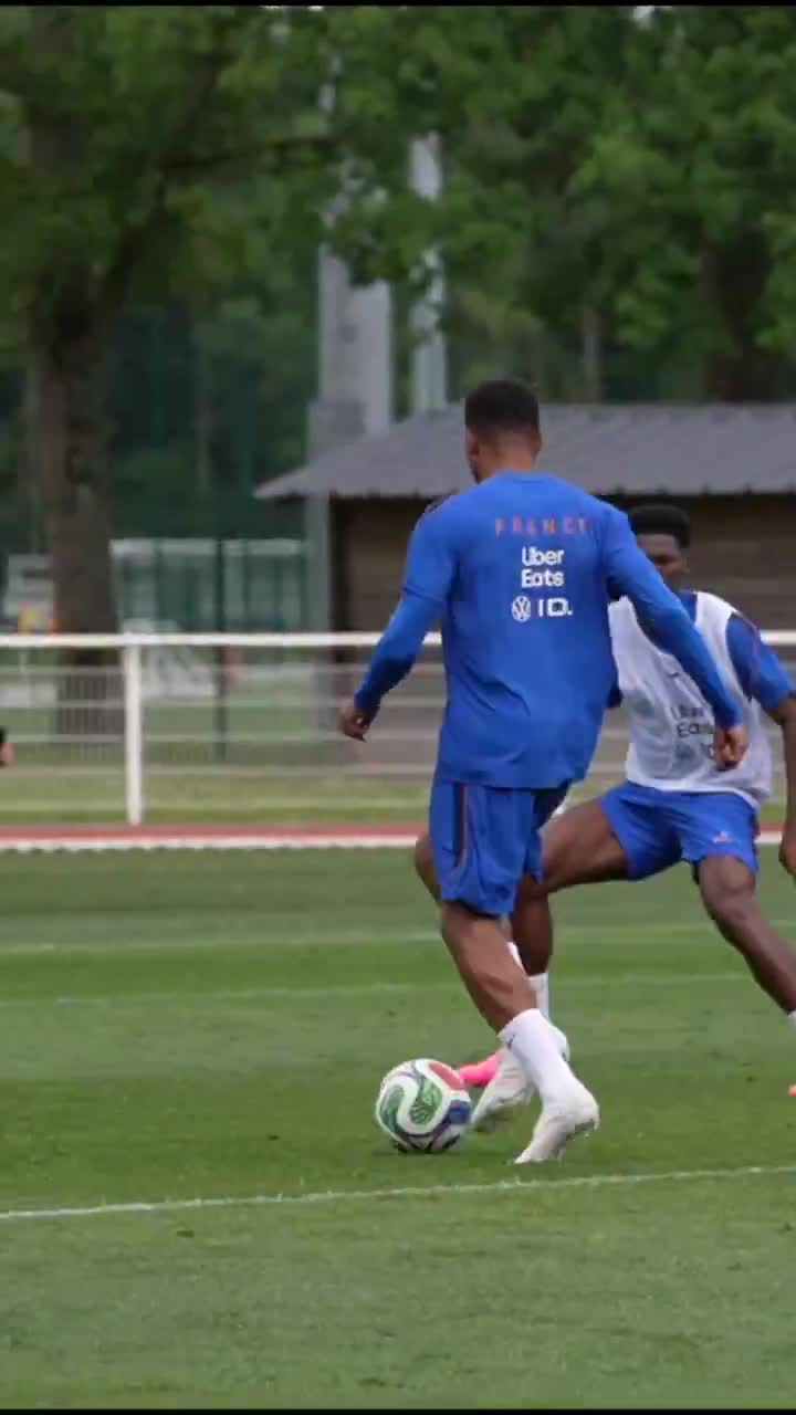 Kylian Mbappé with a recovery, dribble and finish during France training