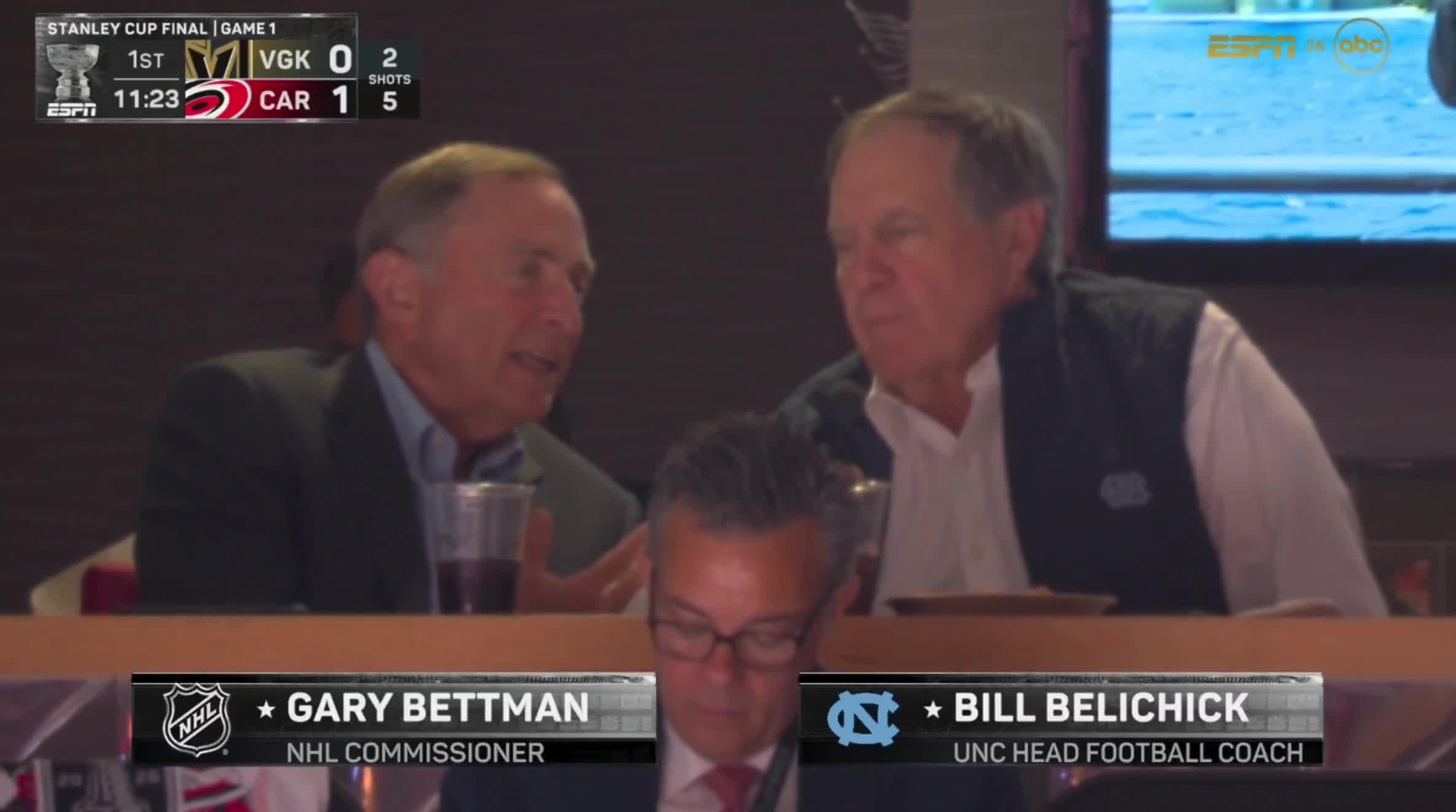 Commissioner Gary Bettman and Bill Belichick catching up as they take in Game 1 of the Stanley Cup Final