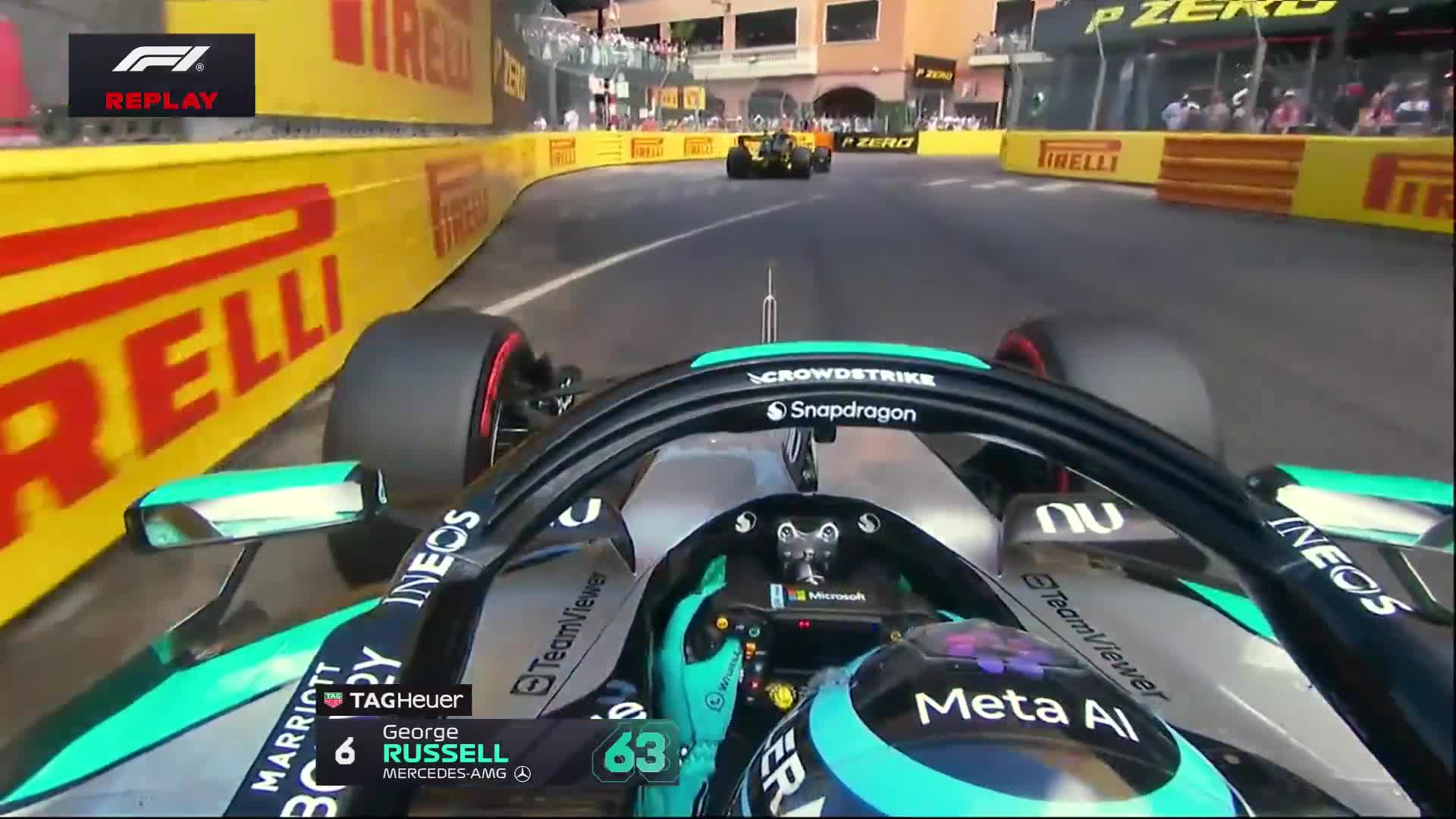 Russell is forced to back off after this close moment with Bortoleto at Rascasse