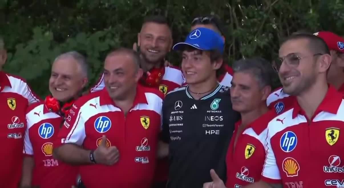 Kimi Antonelli shares a moment with the Ferrari team at the Goodwood Festival of Speed