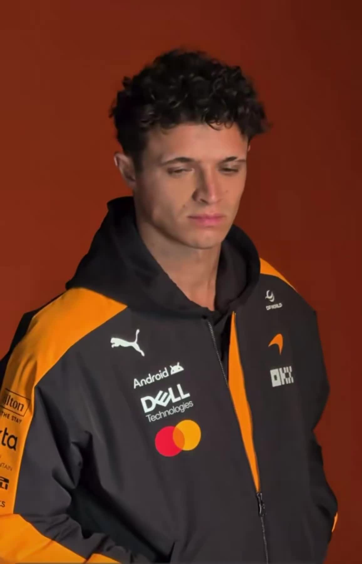 Lando Norris' reaction during a photoshoot