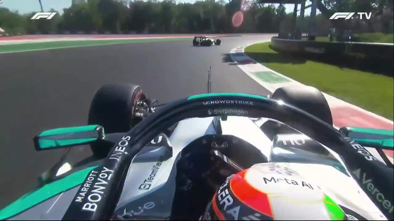 Kimi Antonelli reacts to Gabriel Bortoleto after being impeded during FP2