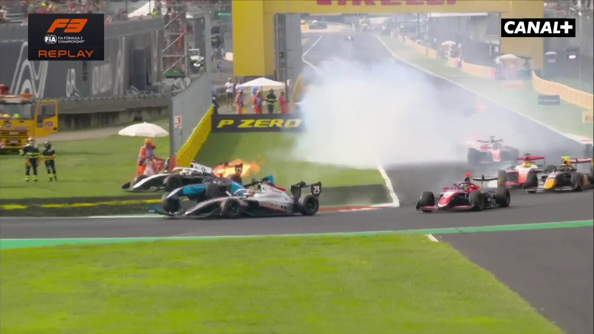 Pedro Clerot and Gerrard Xie's cars are launched over Woohyun Shin's car in an F3 incident