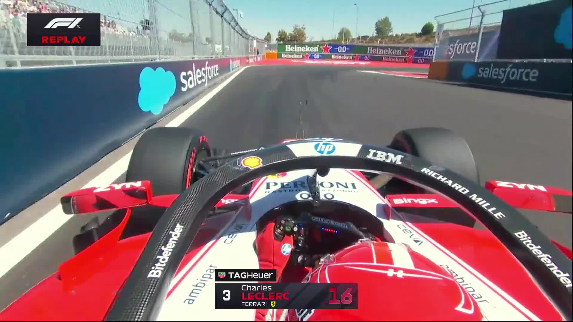 Charles Leclerc locks up the right-front into Turn 17 on the soft tyres