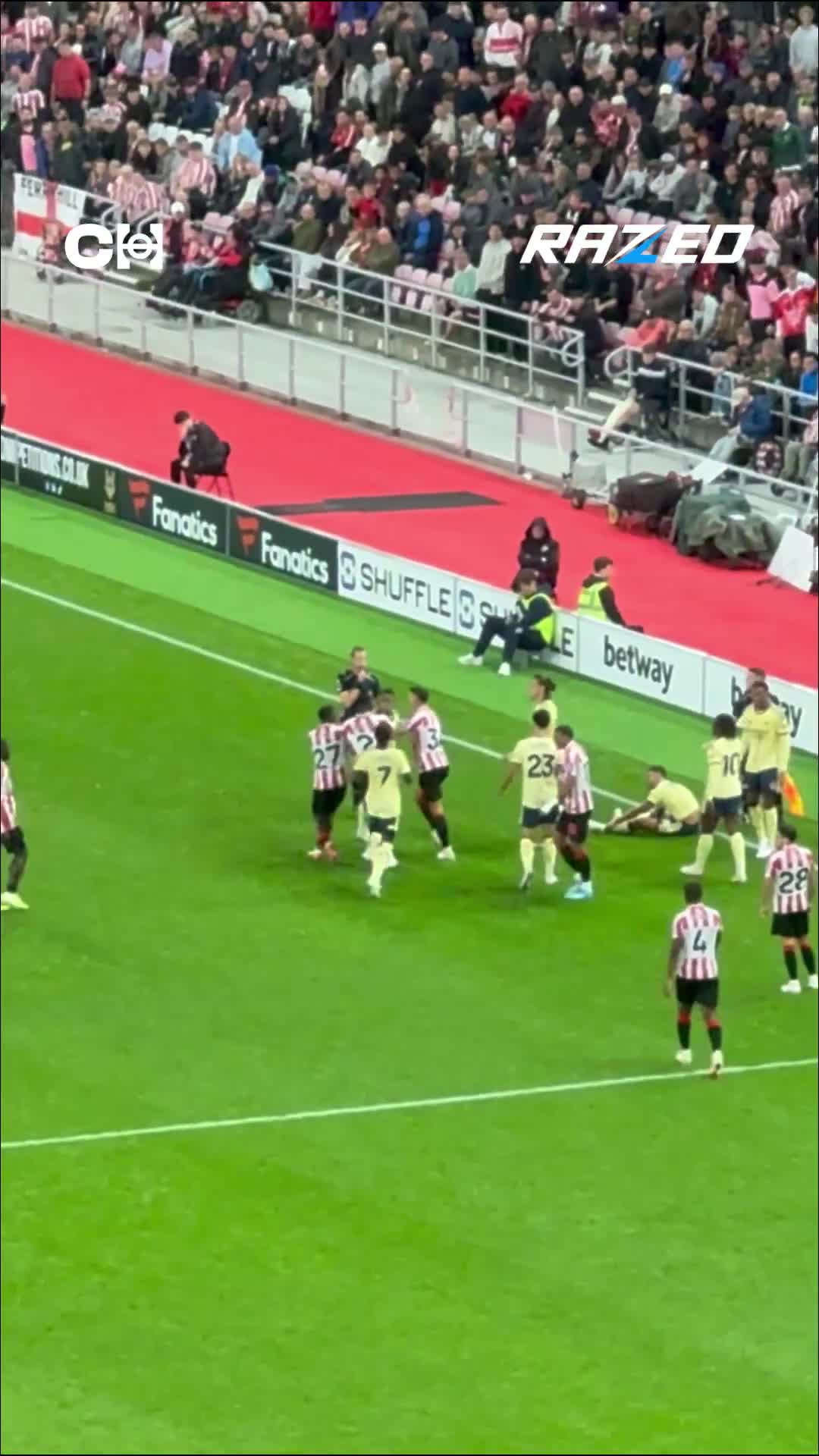 A new angle shows Ezri Konsa and Granit Xhaka involved in a heated exchange during the game.