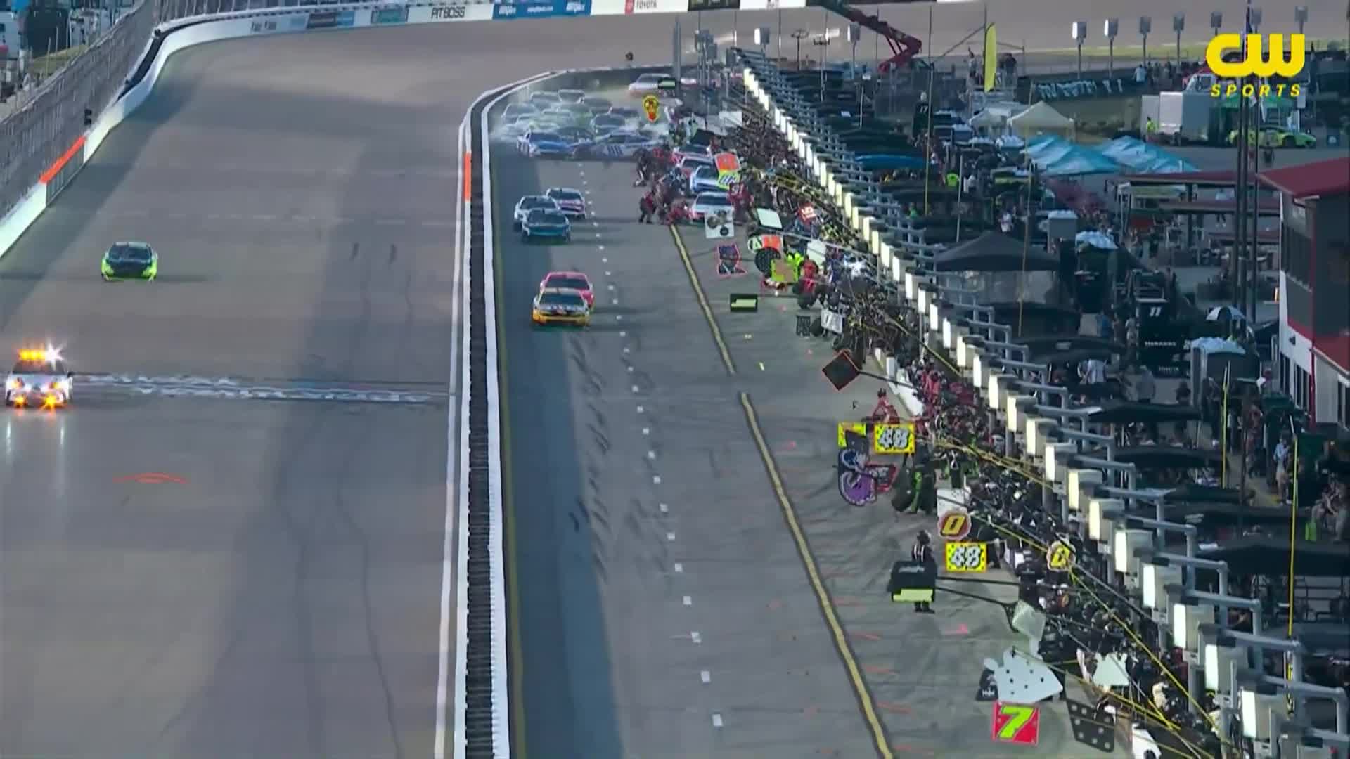 Multiple cars involved in a major crash on pit road during the NASCAR O’Reilly Auto Parts Series race at WWT Raceway