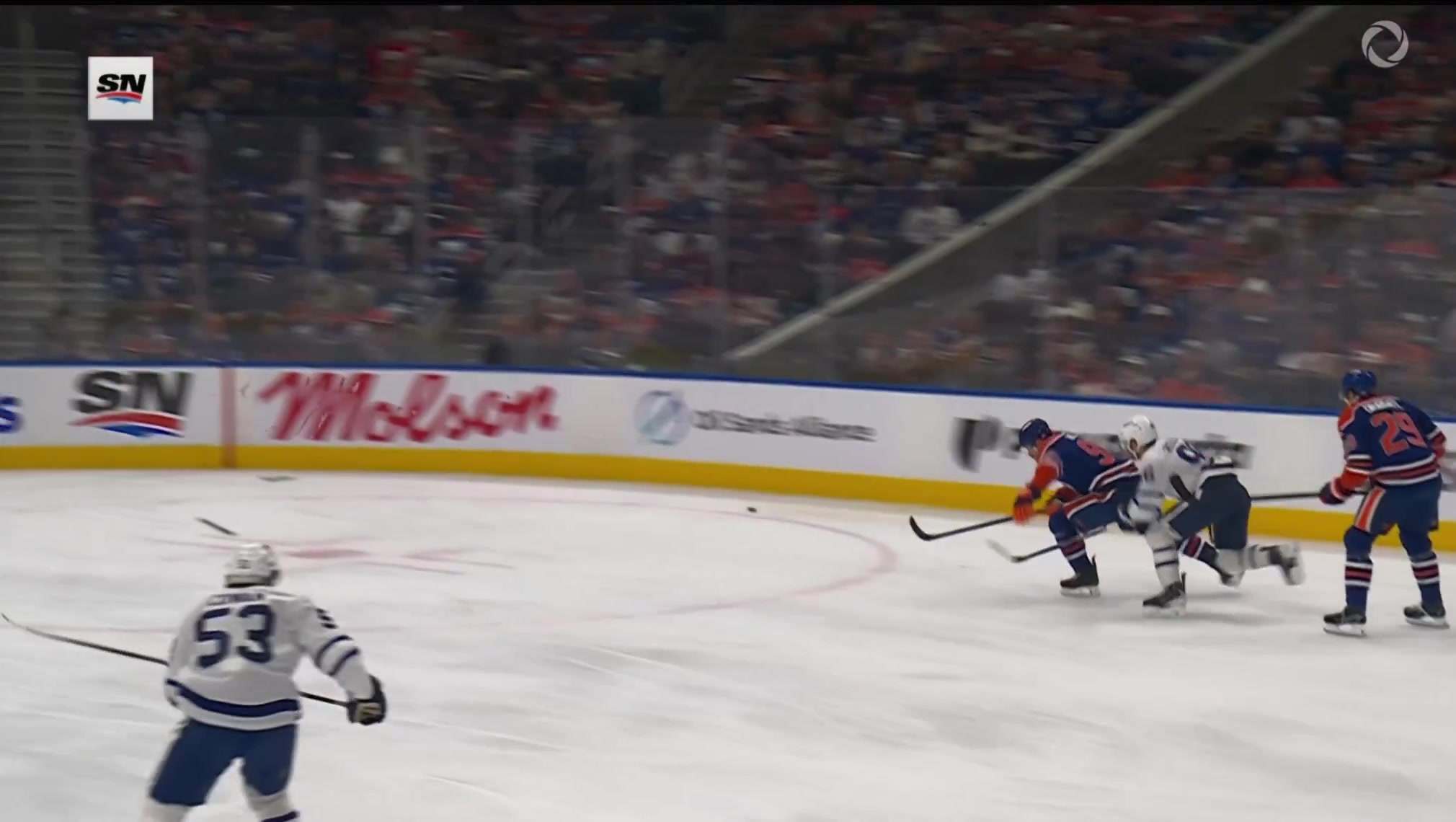 Jake Walman needed help getting off the ice after getting tripped up by Jack Roslovic and crashing HARD into the boards