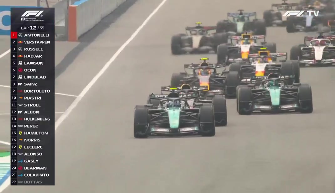 Max Verstappen takes the lead from Andrea Kimi Antonelli after the restart, while George Russell also passes his teammate